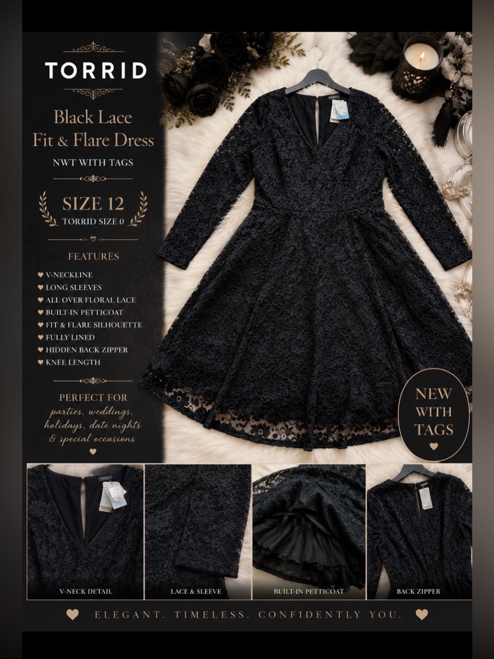 NWT TORRID Black Lace V-Neck Long Sleeve built in petticoat